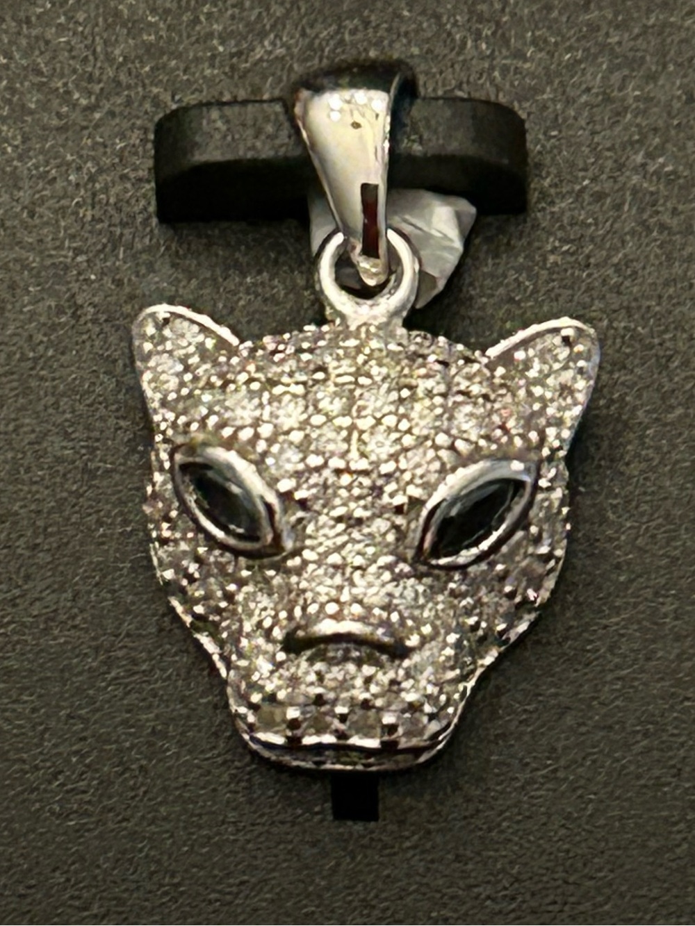 1.00CTW Pave Moissanite Panther Cat Face Pendant w/Black Eyes set in 925 SSilver
